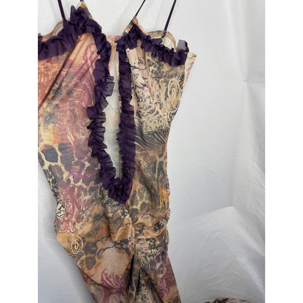 Vintage Mesh Maxi Dress Leopard Floral Script Print Ruffle Trim Bodycon Brown - Picture 6 of 13